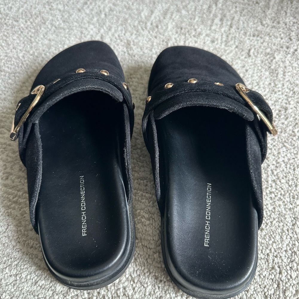 French Connection Black Faux Suede Clogs with Gold Buckle - Picture 5 of 7